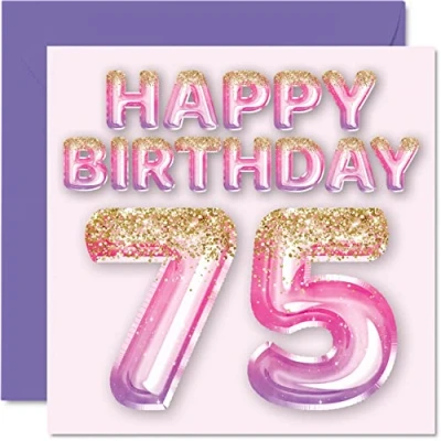 Image of 75th Birthday Card for Women Pink &amp; Purple Glitter Balloons Happy Cards 75 Year Old Woman Mum Great Nanny Grandma Gran, 145mm x Seventy Five Fifth Greeting Gift
