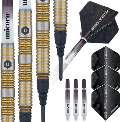 Image of Unicorn Darts Set Pro Tech Style 6 70% Natural Tungsten Barrels with Intricately Machined Golden Accents Soft Tip Epic Points 20 g