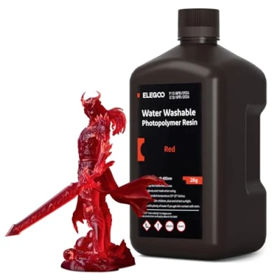 Image of ELEGOO Water Washable 3D Printer Resin, Clear Red 2KG, Fast Curing, Easy Cleanup with Water, Smooth Finish &amp; High Precision 405nm UV Resin for LCD/MSLA Printing