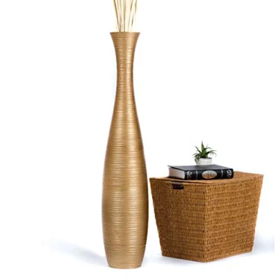 Image of Leewadee Large Gold Home Decor Floor Vase Wooden 110 cm Tall Farmhouse Flower Holder For Fake Plant And Pampas Grass