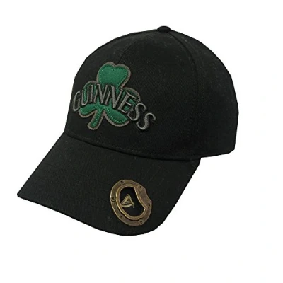 Image of Guinness Black Baseball Cap with Bottle Opener and Green Shamrock Design