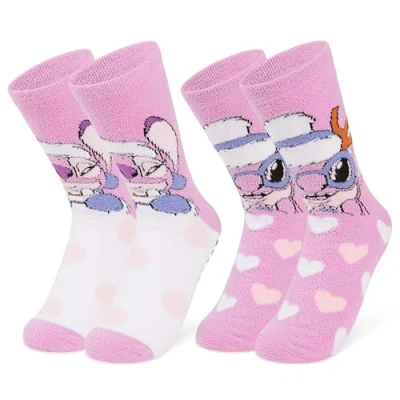 Image of Disney Stitch Slippers Socks Women 2 Pack Fluffy Non Slip Fleece Bed Minnie Mickey Mouse Baby Yoda (Pink Angel)
