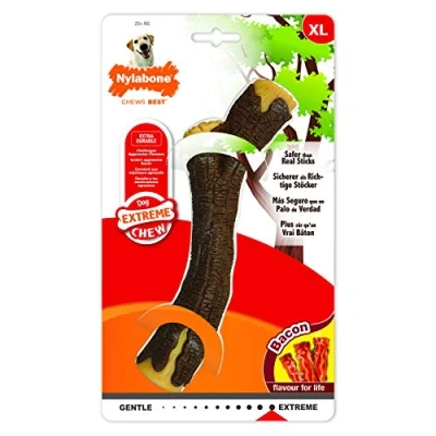 Image of Nylabone Extreme Tough Dog Chew Toy Wooden Stick, Durable, Cleans Teeth, Bacon Flavour, XL, for Dogs Over 23 kg