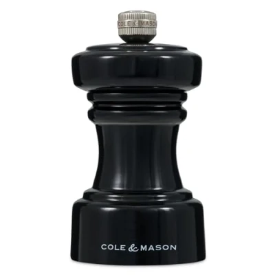 Image of Cole &amp; Mason H233067 Hoxton Black Gloss Pepper Mill, Precision+ Carbon Mechanism, Compact Grinder with Adjustable Grind, Beech Wood, 104mm, Seasoning Lifetime Mechanism Guarantee