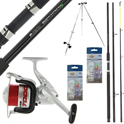 Image of Sea Fishing Rod Beachcaster 12ft 3pc 1BB Reel Spooled with 20lb Line &amp; 180cm Telescopic Tripod Complete Setup