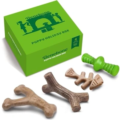 Image of Benebone Puppy Indestructible Dog Chew Toy Gift Box For Aggressive Chewers with Wishbone, Fishbone, Stick &amp; Zaggler, Long Lasting Boredom Breakers, 100% Real Flavours, Puppies, Made in the USA.