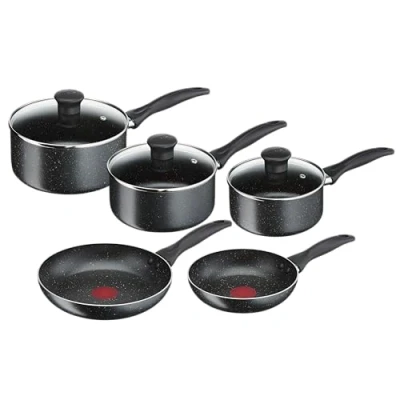 Image of Tefal 5 Piece Origins Stone Pots and Pans set, Non Stick, Aluminium, Black, All hobs compatible excluding Induction, B461S546