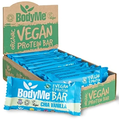 Image of BodyMe Organic Vegan Protein Bar Raw Chia Vanilla 12 x 60g Snack Bars Gluten Free 16g Complete 3 Plant Proteins All Essential Amino Acids High Snacks