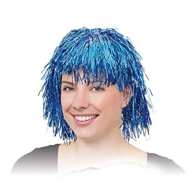 Image of Unisex Blue Tinsel Wig (Pack of 1) Dazzling Design, Perfect Accessory for Costume Parties, Music Festivals, Clowns and Circus, Hen Party, New Years Eve, &amp; More