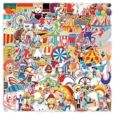 Image of 100Pcs Circus Stickers for Kids Teens Boys Girls Gift,Circus Troup Pack Laptop,Skateboard Luggage Car Bike Cup Computer Water Bottle Decor,Aesthetic Vinyl Waterproof Sticker Decal