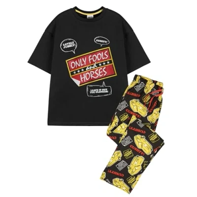 Image of Vanilla Underground Only Fools &amp; Horses Mens Pyjama Set Cushty Adults Classic Logo Short Sleeve Top and All Over Print Graphic Loungewear Bottoms in Black TV Comedy Show Merchandise Gift
