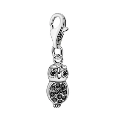Image of Quiges 925 Sterling Silver Black Cubic Zirconia 3D Owl Lobster Clasp Charm Clip on Pendant