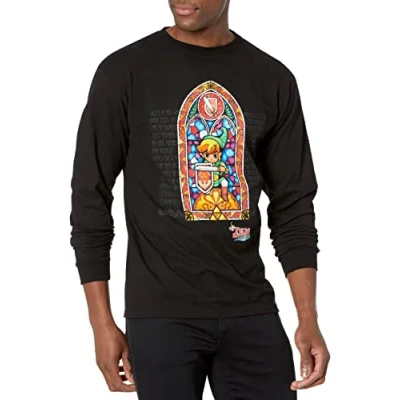 Image of Nintendo Unisex&#039;s Men&#039;s Stained Glass T Shirt, Black//Long Sleeve, XL