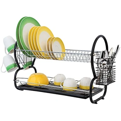 Image of art moon Desert Large Chrome Plated Steel 2 Tier Dish Drainer with Mugs and Cutlery Holder 67.5x38.5x25cm