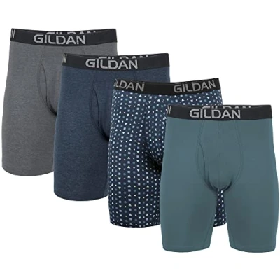 Image of Gildan Men&#039;s Cotton Stretch Boxer Briefs, Multipack, Hthr Dark Grey/Hthr Navy/Shapes/Blue (4 Pack), Large