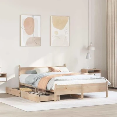 Image of vidaXL Solid Pine Wood Bed Frame with Slatted Base and Under Storage Drawers Small Double 120x190 cm, Rustic Brown