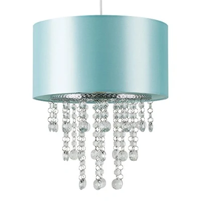 Image of Modern Duck Egg Blue Cylinder Ceiling Pendant Light Shade with Clear Acrylic Jewel Effect Droplets