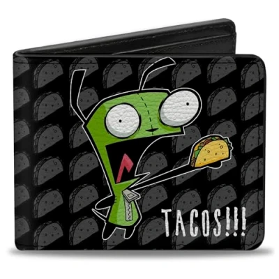 Image of Buckle Down Nickelodeon Wallet, Bifold, Invader Zim GIR Tacos Pose Taco Monogram Black Gray, Vegan Leather, Black,Gray, 4.0&quot; x 3.5&quot;, Casual