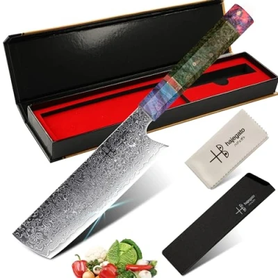 Image of hajegato Damascus Chef Knife Nakiri Unique Handle Professional 7 Inch Japanese Chefs Kitchen Vg10 67 Layers Steel Knive with Sheath
