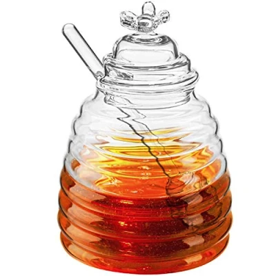 Image of Hedume Honey Jar with Dipper and Lid, Bee Pot, 17oz/500ml Glass Beehive Pot for Home Kitchen