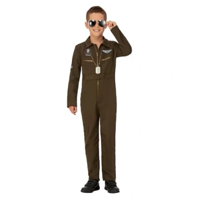Image of Smiffys Top Gun Maverick Child&#039;s Aviator Costume, Children&#039;s Green Jumpsuit &amp; Changeable Name Badges, Official License Outfit, Halloween Fancy Dress