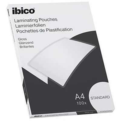 Image of Ibico Basics A4 Laminating Pouches, Standard Weight, High Document Protection &amp; Durability, Pack of 100, Gloss Finish, Crystal Clear, 627310