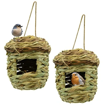 Image of Woodside Hanging Bird Box/Nest for Small Songbirds/Hummingbird, Outdoor Garden House, Natural Materials, Pack of 2