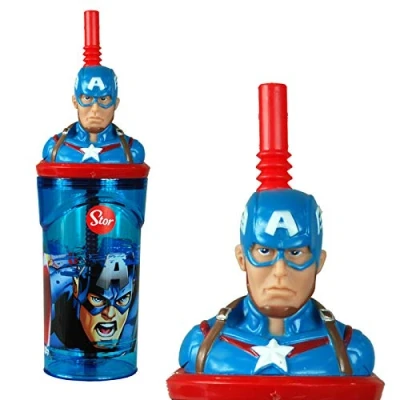 Image of Captain America 3D Figurine Plastic Tumbler Beaker with Flexi Straw 360ml 7cm Diameter x 14cm Height Sturdy Novelty Enclosed Drinking Cup.