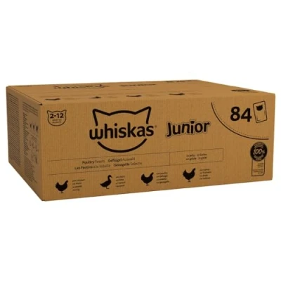 Image of Whiskas Junior Poultry Selection in Jelly 84 Pouches, Wet Kitten &amp; Cat Food, of Chicken, Duck, Turkey, Megapack (84 x 85 g)