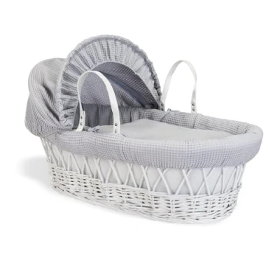 Image of Clair de Lune Waffle White Wicker Moses Basket with bedding Includes mattress, Hood, Padded liner, Coverlet Hand Woven Sturdy Breathable Baby Bassinet Suitable from Birth (Grey)