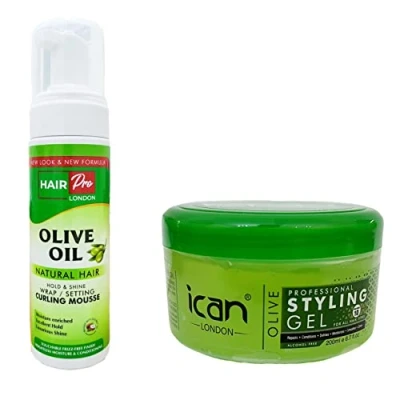 Image of HairPro Olive Oil Hold &amp; Shine Wrap Set Mousse Infused With Coconut 207ml + Hair Gel 200ml Combo Pack