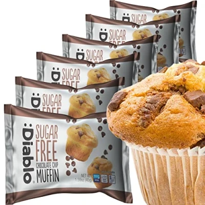 Image of Diablo Chocolate, Chocolate Chip,Vanilla Cupcake Sugar Free Sweetened with Maltitol Perfect for Gifting Halal &amp; Kosher Approved 45g Each (Chocolate Chip, Pack of 6)