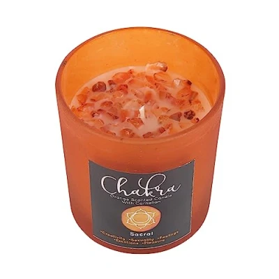 Image of Sacral Chakra Candle: Orange Fragranced with Carnelian Crystal Chips, Reusable Glass Holder, Metallic Lid 25 Hour Burn Time, Paraffin Wax Spiritual Purpose, Seven Chakras Healing