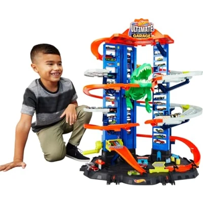 Image of Hot Wheels City Ultimate Garage Playset with Multi Level Racetrack, 91 cm Tall Moving T Rex Dinosaur, Parks 100 Cars, Includes 2 Toy Toys for Ages 5 to 8, One Pack, GJL14