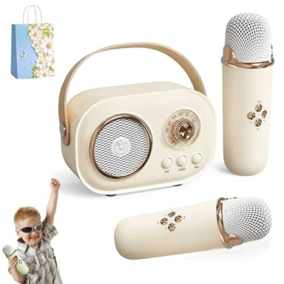 Image of Karaoke Machine for Kids, Mini With 2 Wireless Microphones, Kids Girls, C20 Machine, Retro Speaker Set Stereo Sound Party (2 Mic,Beige)