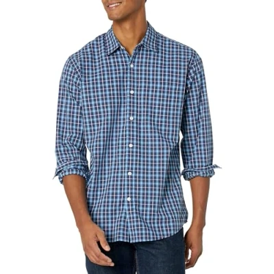 Image of Amazon Essentials Men&#039;s Regular Fit Long Sleeve Casual Poplin Shirt, Blue Plaid, S