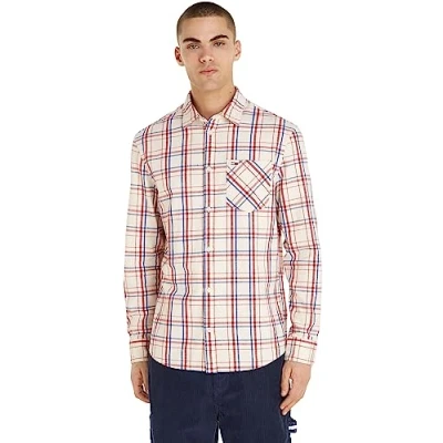 Image of Tommy Jeans Men&#039;s Check Pocket Shirt Casual, Multicolor (Ancient White Check), M