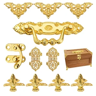 Image of Morobor Gold Jewelry Box Antique Lock Latch Hasp Hinges Handle Corner Protectors Kit for DIY Box, Wood Case Chest Storage Feet Leg Protector Set, not Included