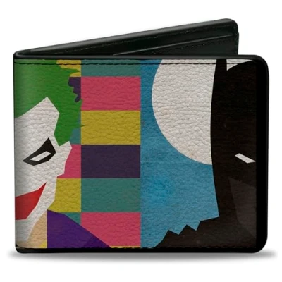 Image of Buckle Down Mens Pu Bifold Joker/Batman Face Juxtaposition Multi Color/Blue/White Wallet, Multicolor, 4.0 x 3.5 US