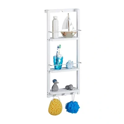 Image of Relaxdays Bamboo Shower Caddy, 3 Tiers, Hook Bar, Hanging, No Drilling, Bathroom Shelf, White, HWD: 70x28.5x10.5 cm