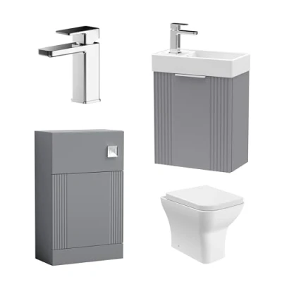 Image of Cloakroom Suite Wall Hung Basin Unit, Toilet &amp; Tap Grey/Chrome
