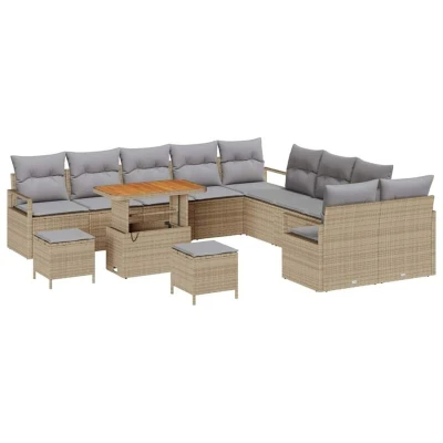 Image of vidaXL 13 Piece Garden Sofa Set with Cushions Beige Poly Rattan Acacia