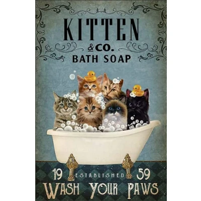 Image of LINQWkk Metal Tin Retro Sign Black Cat Wash Your Paw Poster, Funny Bathroom Kitty Wall Art Signs,Funny Toilet Home Decor 8X12Inch