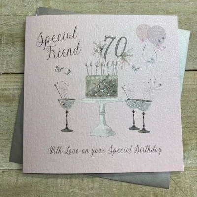 Image of White Cotton Cards Happy 70th Birthday Card Special Friend Champagne Glasses Pink Roses SS42 SF70, 16cm x