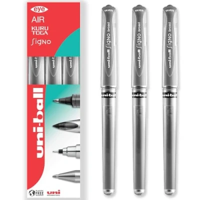 Image of uni ball Signo Pen UM 153 Broad Metallic Gel Ink Rollerball Metal 1.0mm Tip Nib Rubber Grip In Gift Box (Pack of 3, Silver)