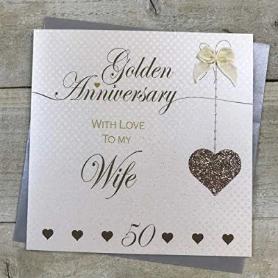 Image of Wife 50th Golden Wedding Anniversary Handmade Card Love Lines by WHITE COTTON CARDS LLA50W,blacksilveryellowgreengrey