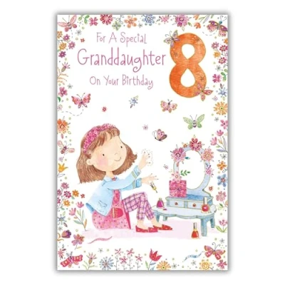 Image of Paper Rose Special Granddaughter 8th Birthday Card Age 8 Butterflies, Flowers and Nail Polish with Foil Details Eco Friendly Recyclable