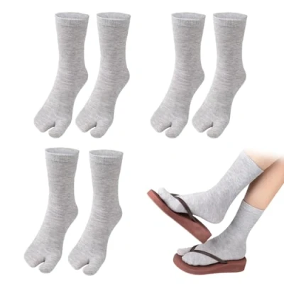 Image of SamHeng Unisex Tabi Flip Flop Socks Japanese Geta 3 Pairs Cotton Split Toe Elastic for Women and Men(Grey)