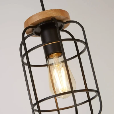 Image of Vision 3 Light Cage Bar Ceiling Pendant, Matt Black &amp; Wood