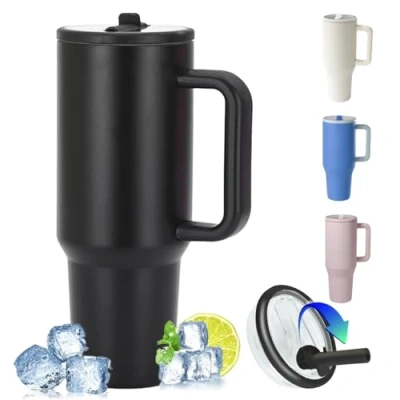 Image of ZHUIYIWIN Tumbler with Handle and Straw, Water Bottle Coffee Cup Travel Mug for Cold or Hot Drinks,Double Wall Stainless Steel Vacuum Insulated Lid (Black, 30OZ)
